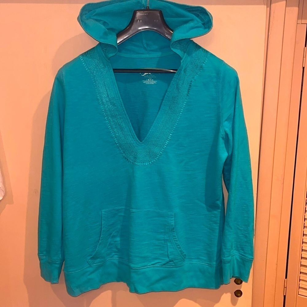Venezia teal blue hoodie with V neck & embroidery size 14/16